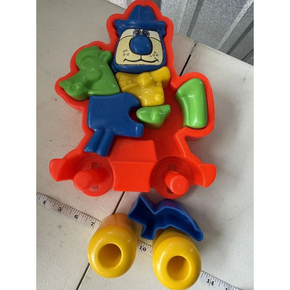 Vtg Chunky 3-D Plastic Puzzle Cowboy Hoppity  Horse on Wheels 8 Pc Amloid Blue